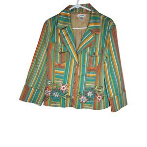 Jendo Multicolor Striped Embroidered Floral Embellished Lined Jacket Blazer FLAW
